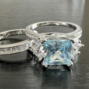 925 Sterling Silver Aquamarine CZ Ring Size 8